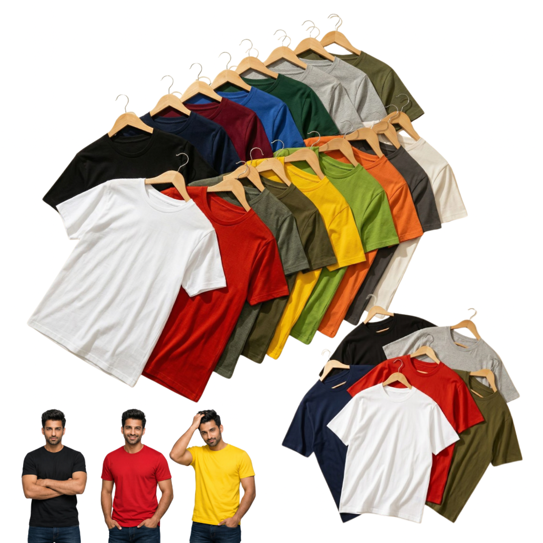 3 PCS MEN'S PLAIN ROUND-NECK COTTON T-SHIRTS